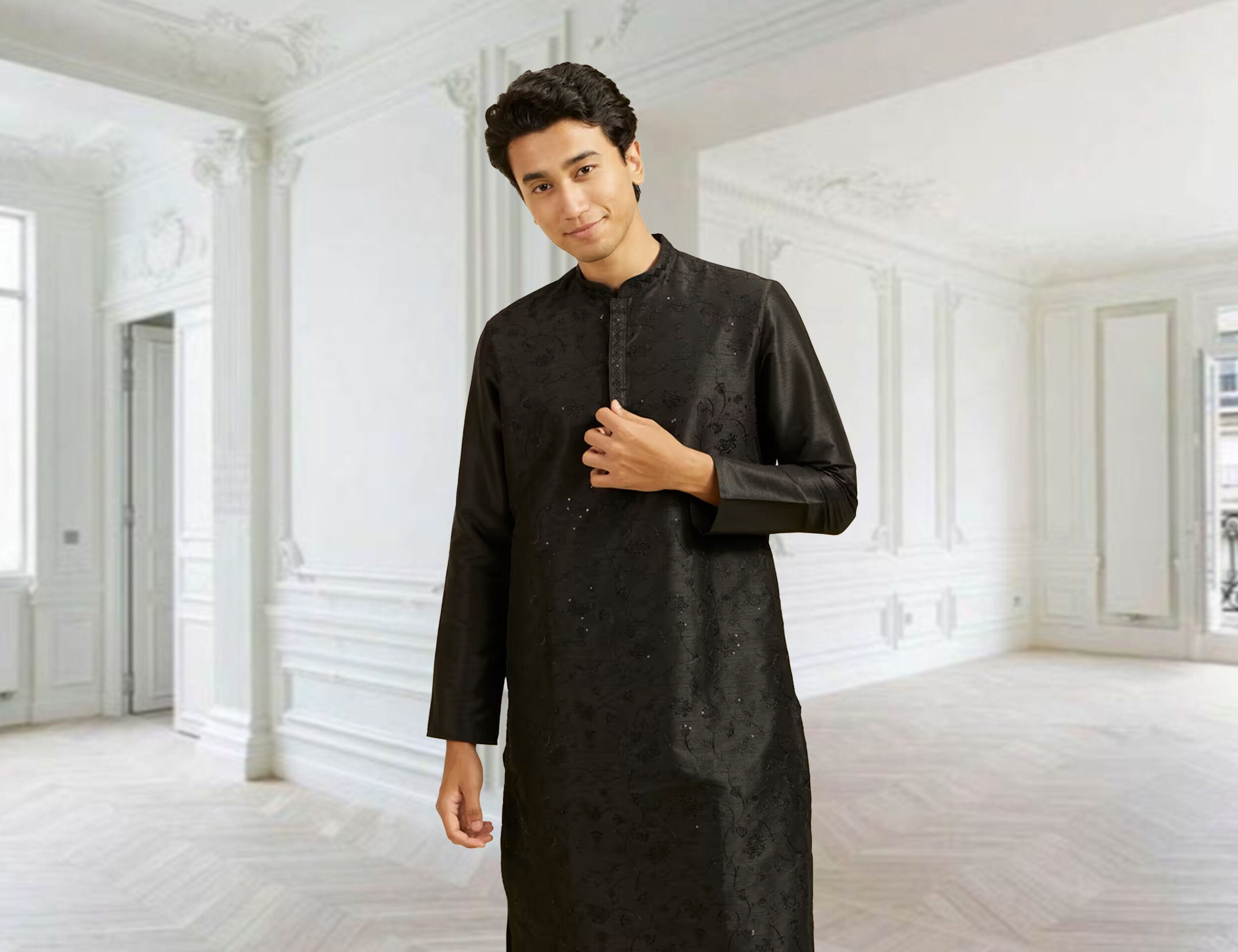 Man in elegant black embroidered kurta standing in a bright white luxury room, showcasing monochrome ethnic fashion style
